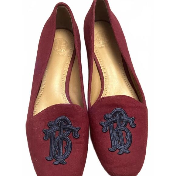 Tory Burch Burgundy Suede Loafers with Embroidered Logo - Picture 1 of 2